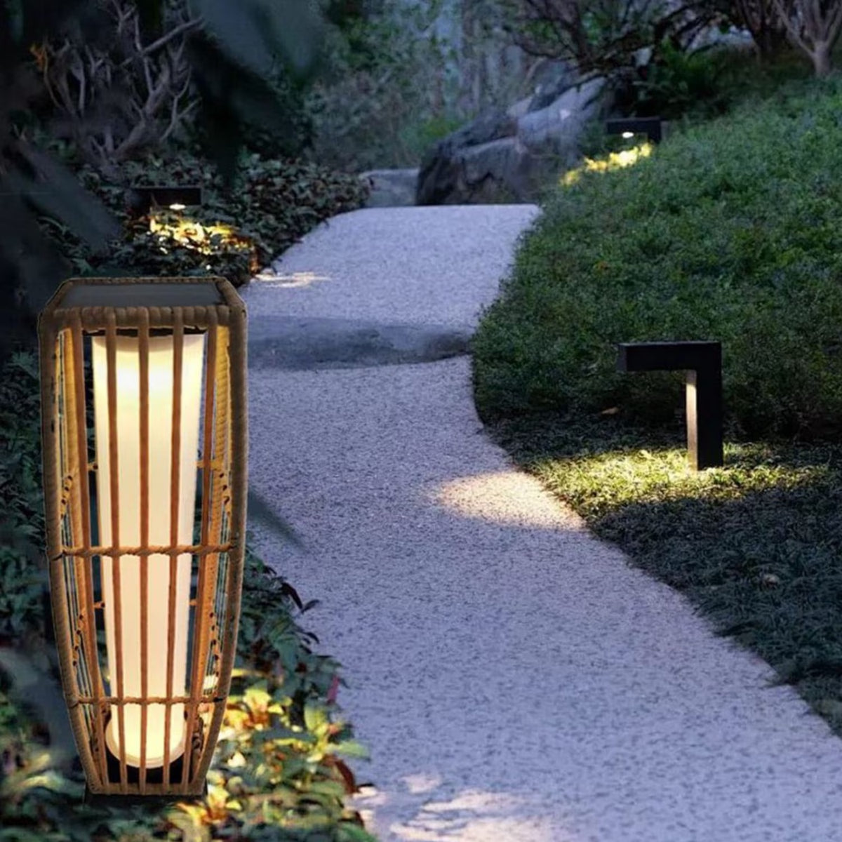 27 in Solar Rattan Lantern Outdoor LED Floor Light
