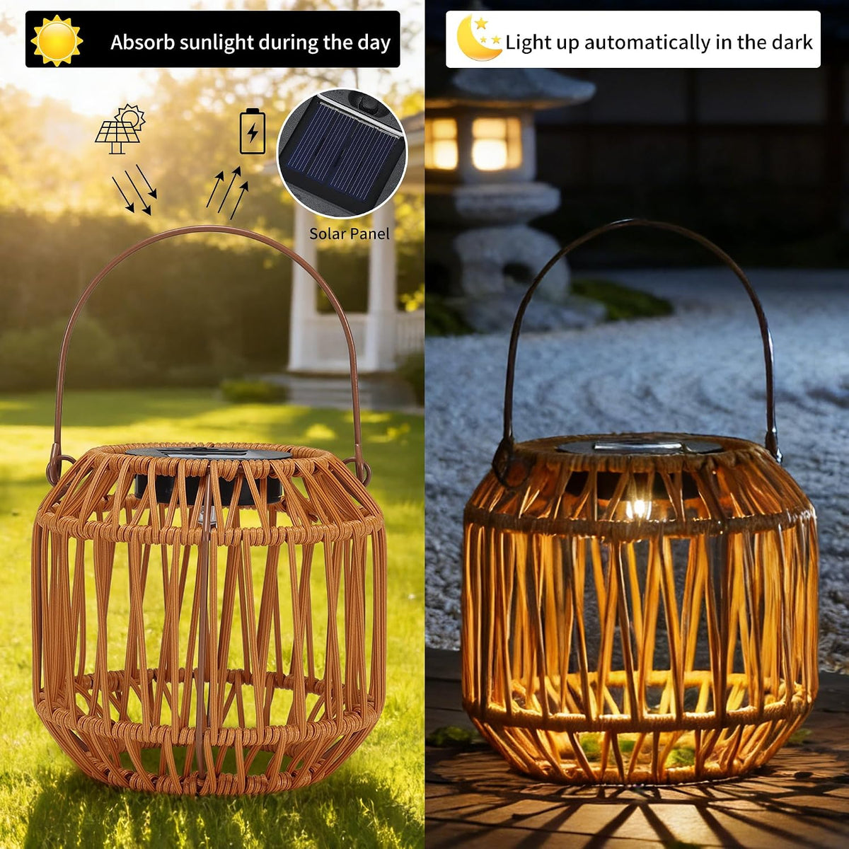 Solar-Powered Rattan Woven Lantern, Boho Decorative Table Lamp for Garden Patio Porch