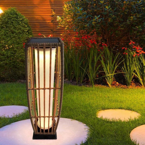27 in Solar Rattan Lantern Outdoor LED Floor Light
